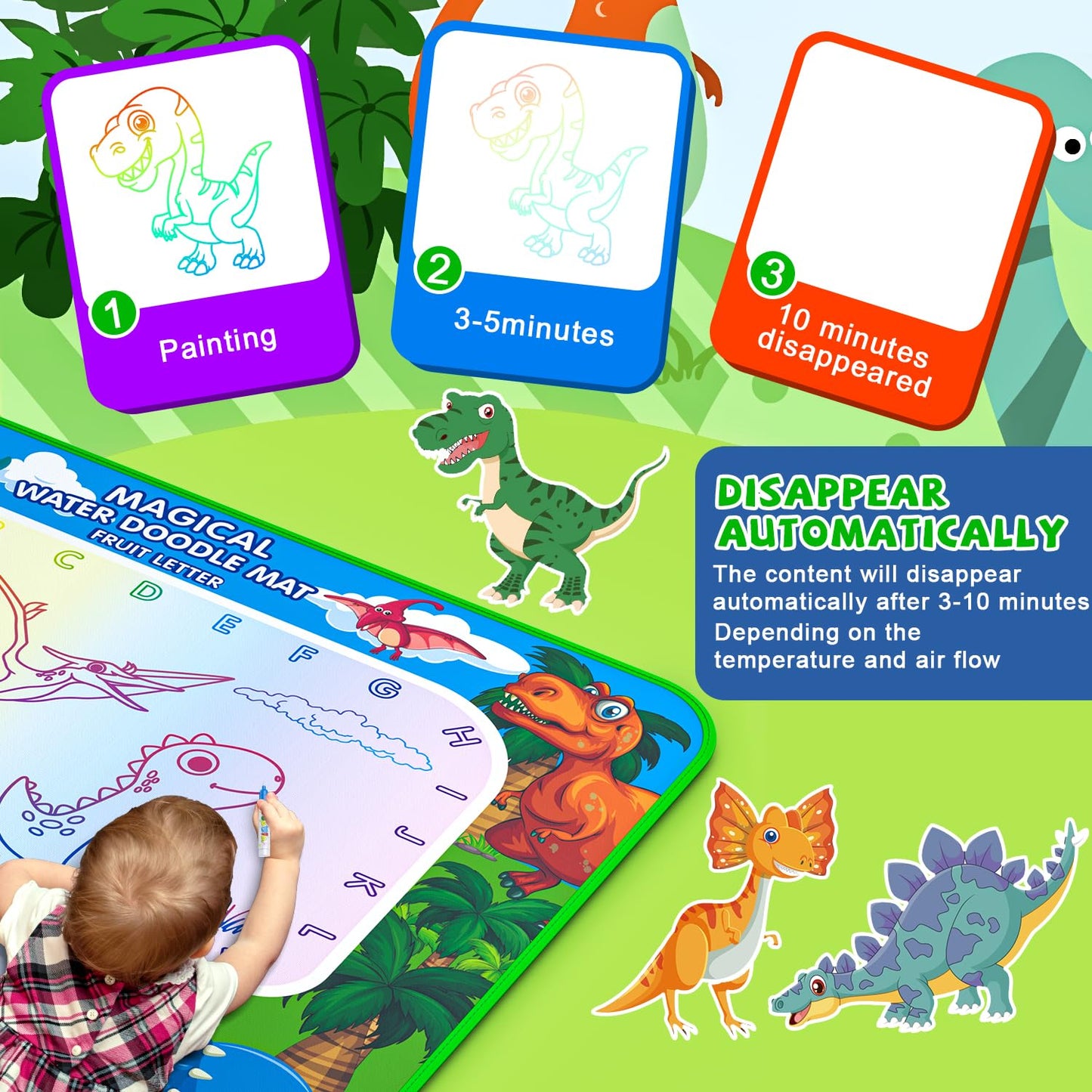 Water Doodle Mat for Kids 32x40 Inch, Reusable Coloring Mat Educational Toy for 3 4 5 6 7 8 Years Old Girls & Boys, Neon Color M