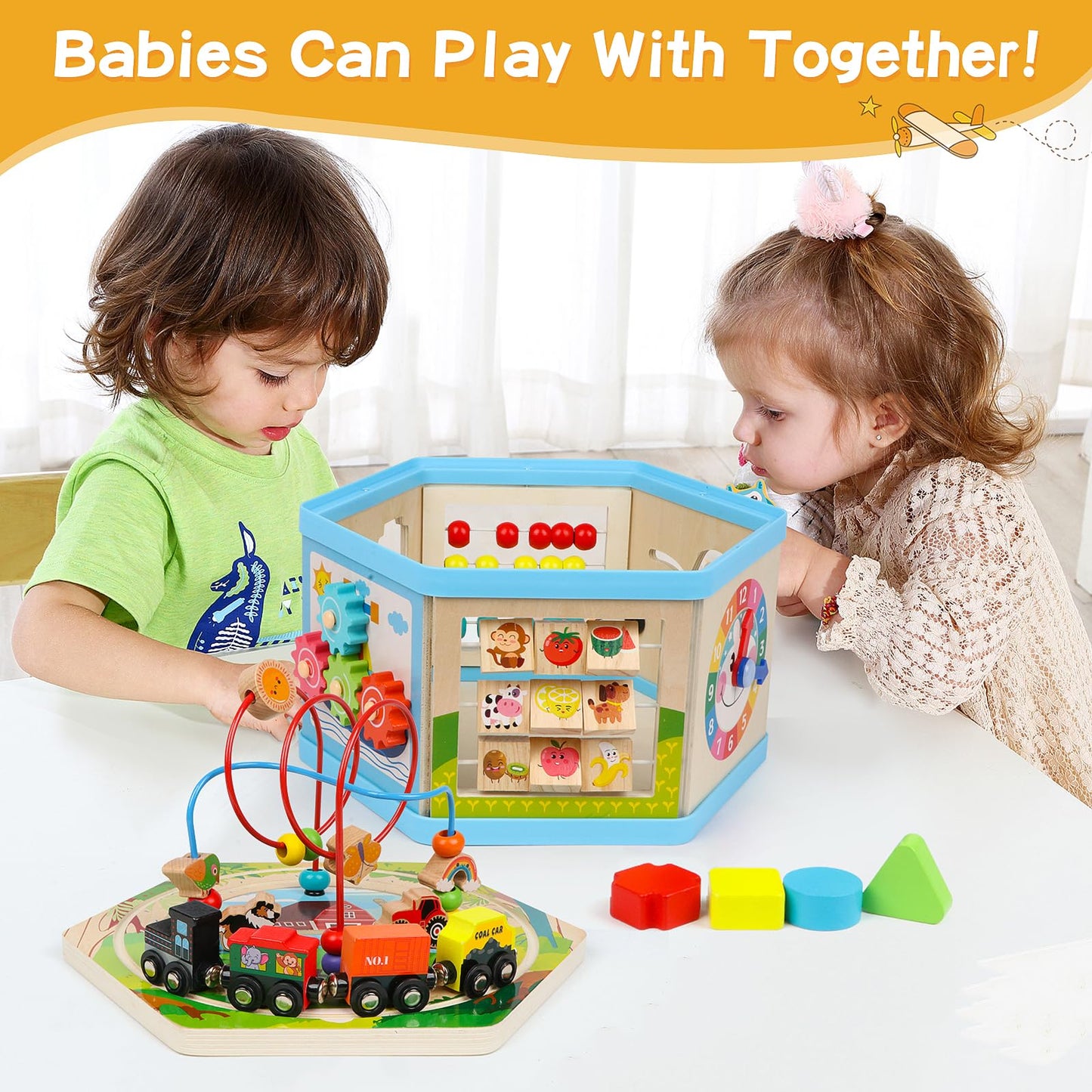 FOPNETS Wooden Activity Cube 9-in-1 Montessori Toys for Toddlers 1+ Years - Educational Learning Gift Bead Maze & Shape Sorter