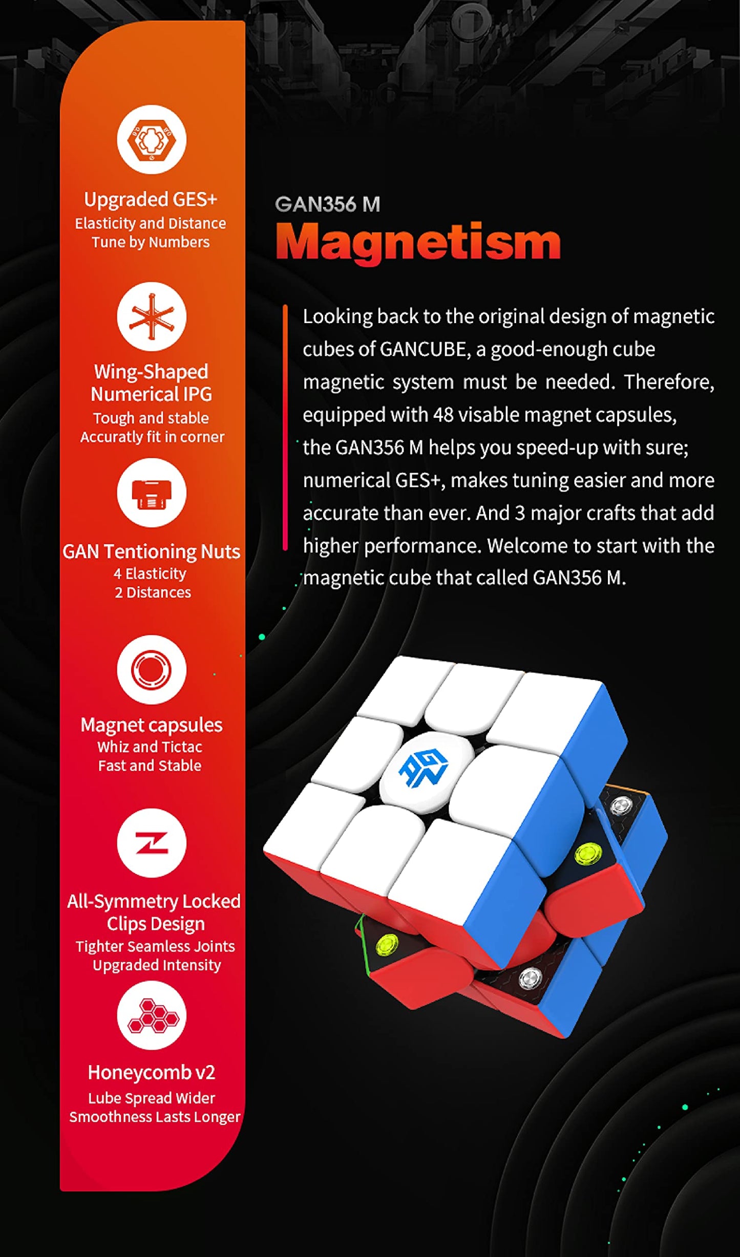Cubershop Gan 356 M 3X3 Magnetic Speed Cube Lite, Gans 3X3 Stickerless Magnetic Cube, Smooth & Fast 3 By 3 Lite Flagship Performance, Gan 356M Puzzle Toy Speed Cube