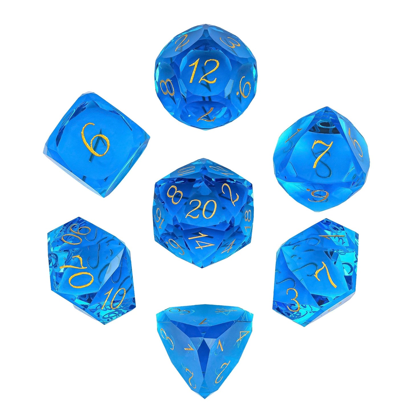 UDIXI 7-Piece Glass Dice Set D&D, MultiFaceted Diamond-Cut Glass DND Dice for Dungeons and Dragons RPG Tabletop Games (Blue)