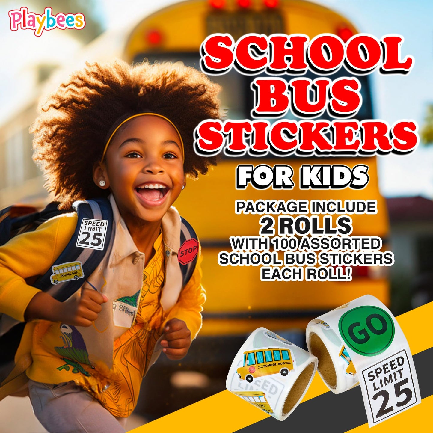 Playbees School Bus Stickers - 200 Pack School Bus Theme Designs - Kids' Educational Decor, Arts And Crafts, Back To School, Tea