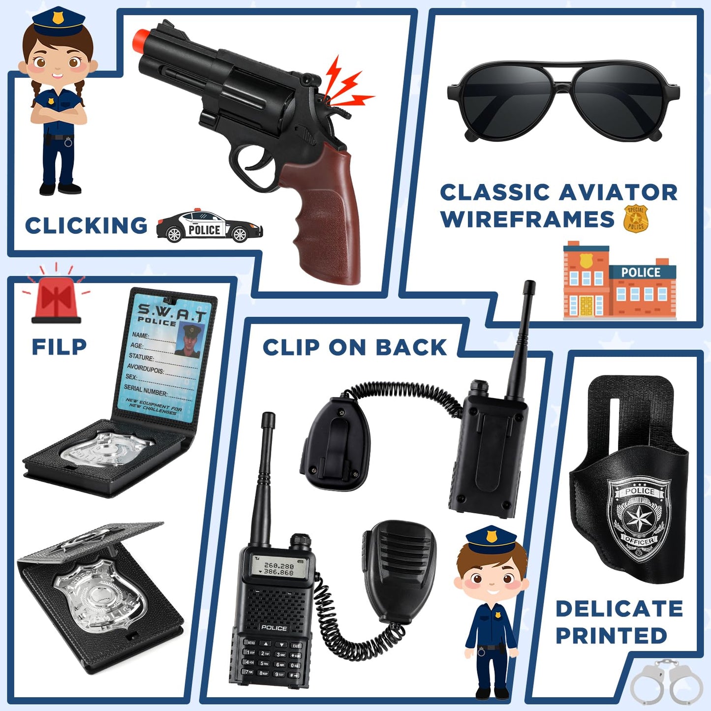 Tepsmigo Police Officer Costume For Kids, Police Costume For Kids With Police Uniform, Recorder, Shoulder Police Lights, Halloween Costume For Boys Girls, Role Play Kit For Boys Girls