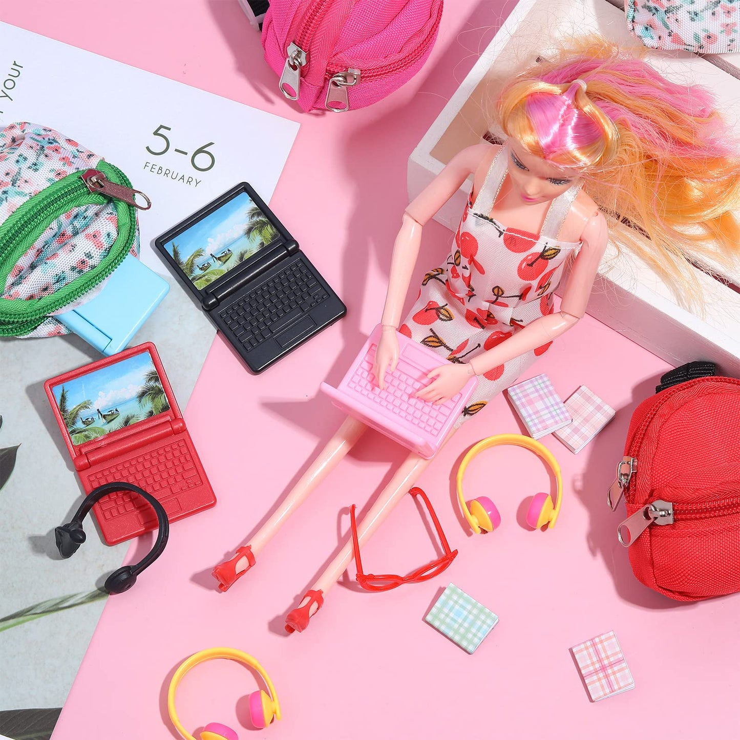 20 Pieces Mini Backpack For Dolls Dollhouse Accessories Include Tiny Micro Backpack With Zipper Laptop Books Headsets Sunglasses Cute School Scene Simulation Toys For 1/12 1/6 Scale(Classic Style)