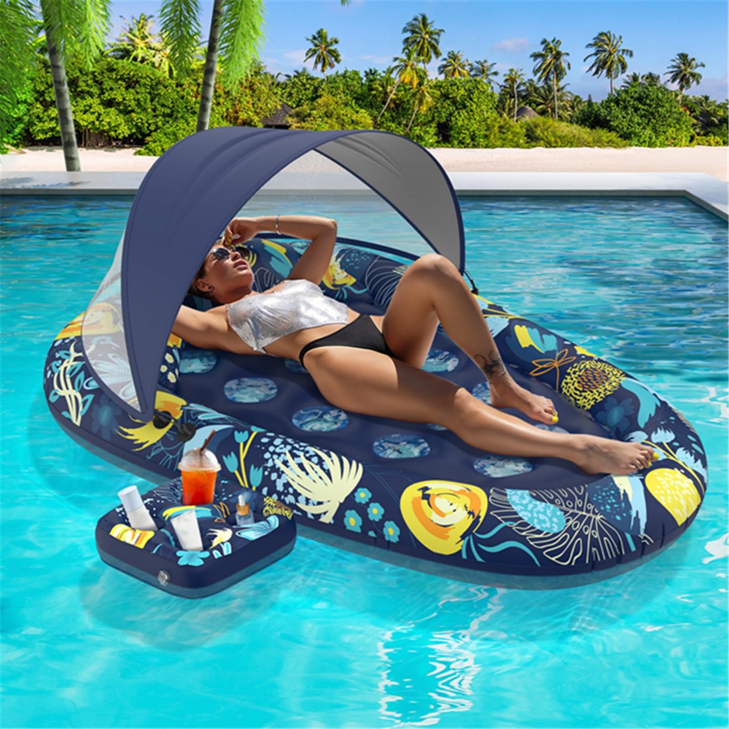 Sunikko X 3-In-1 Pool Floats Lounge, Inflatable Pool Floats For Adults With Canopy And Cup Holder, Flower Star Style