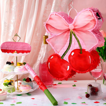 Feifeiya Coquette Pink Bow Cherry Piñata Bundle with Blindfold, Bat & Confetti - Perfect for Girls Birthday Party Supplies