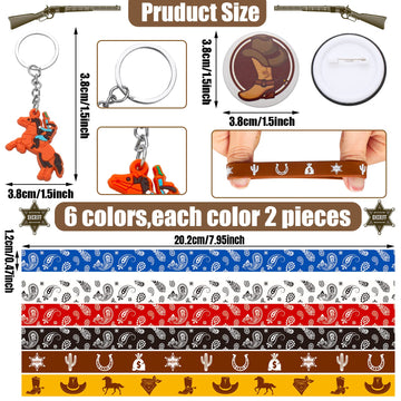 Sureio 86 Pcs Western Cowboy Party Favors Include 12 Cowboy Keychain 12 Western Cowboy Silicone Bracelets 12 Button Pins 50 Wate