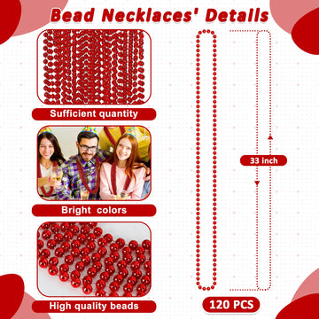 120PCS Bead Necklace, Red Mardi Gras Beads, 33 IN Mardi Gras Accessories, Party Costume Beads Parade Throws Bulk for Christmas P