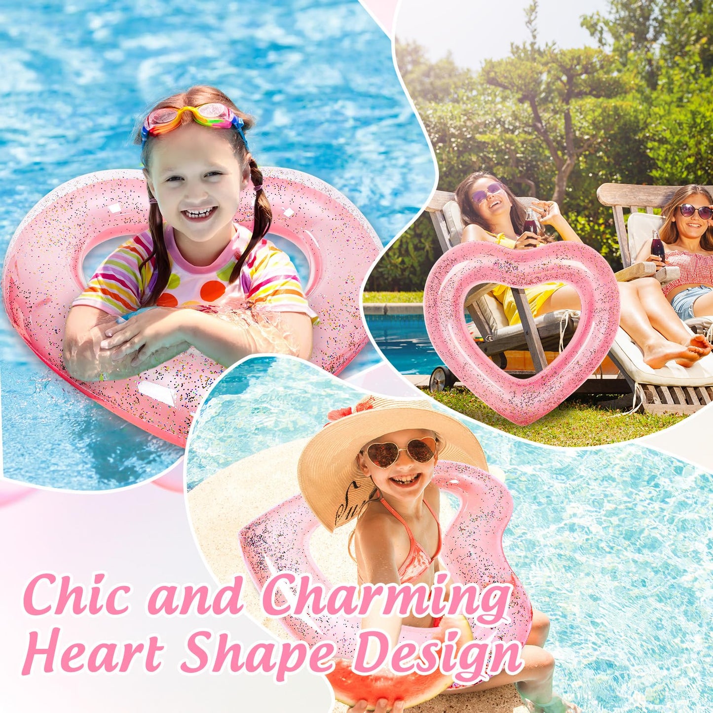 Whaline 3Pcs Inflatable Heart Pool Float With Glitter Inside Rose Gold Swim Heart Shaped Pool Rings Float Loungers Tube For Summer Swimming Pool Beach Bachelorette Party, 47.3 X 39.4 Inch