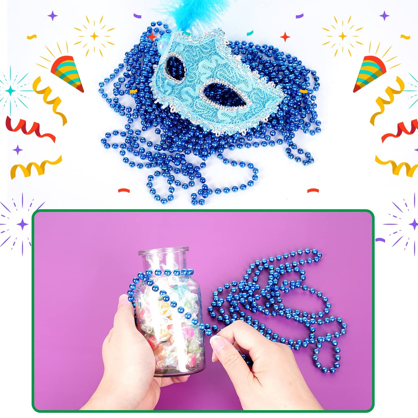 ZZYFGH 33'' 7mm Metallic Blue Bead Necklace Bulk, Mardi Gras Round Beaded Necklaces for Party Favors Costume Necklace (12 Pcs)