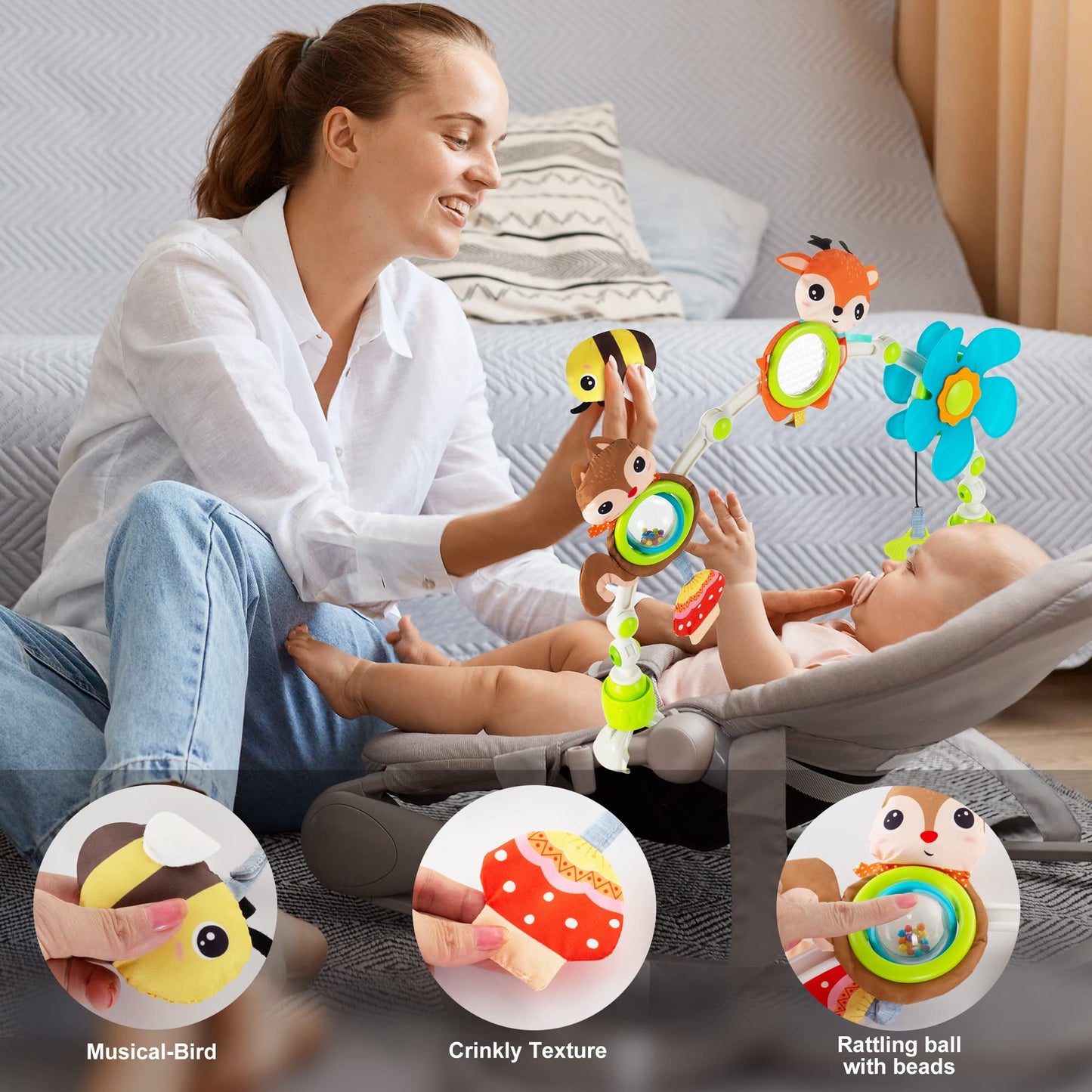 Lynncare Adjustable Arch Bassinet Toys For Infant & Toddlers, Stroller Arch, Baby Crib Toys With Fascinating Toys For Stimulatin