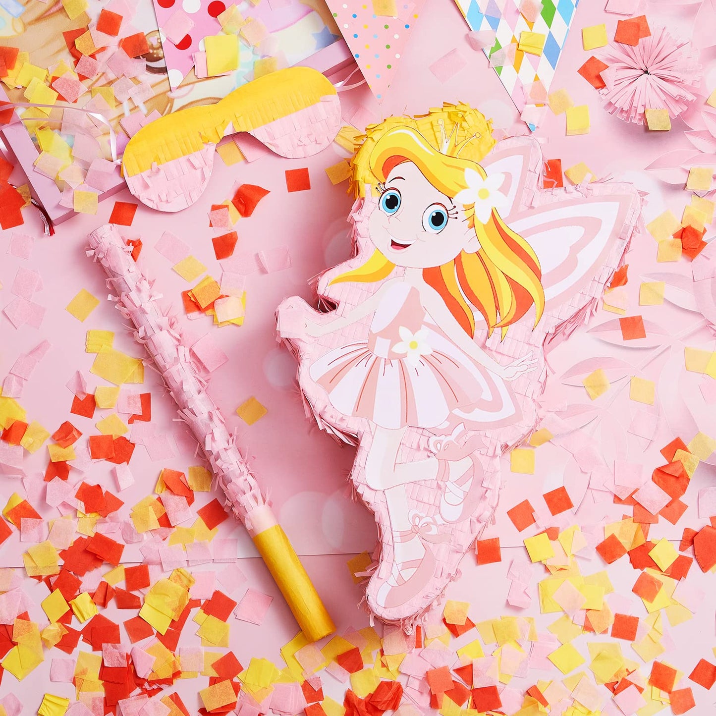 Lewtemi 4 Pcs Fairy Princess Piata Set 15.7 x 12.5 x 3  Pink Piata with Stick Blindfold Colorful Confetti, Small Piata for Girl