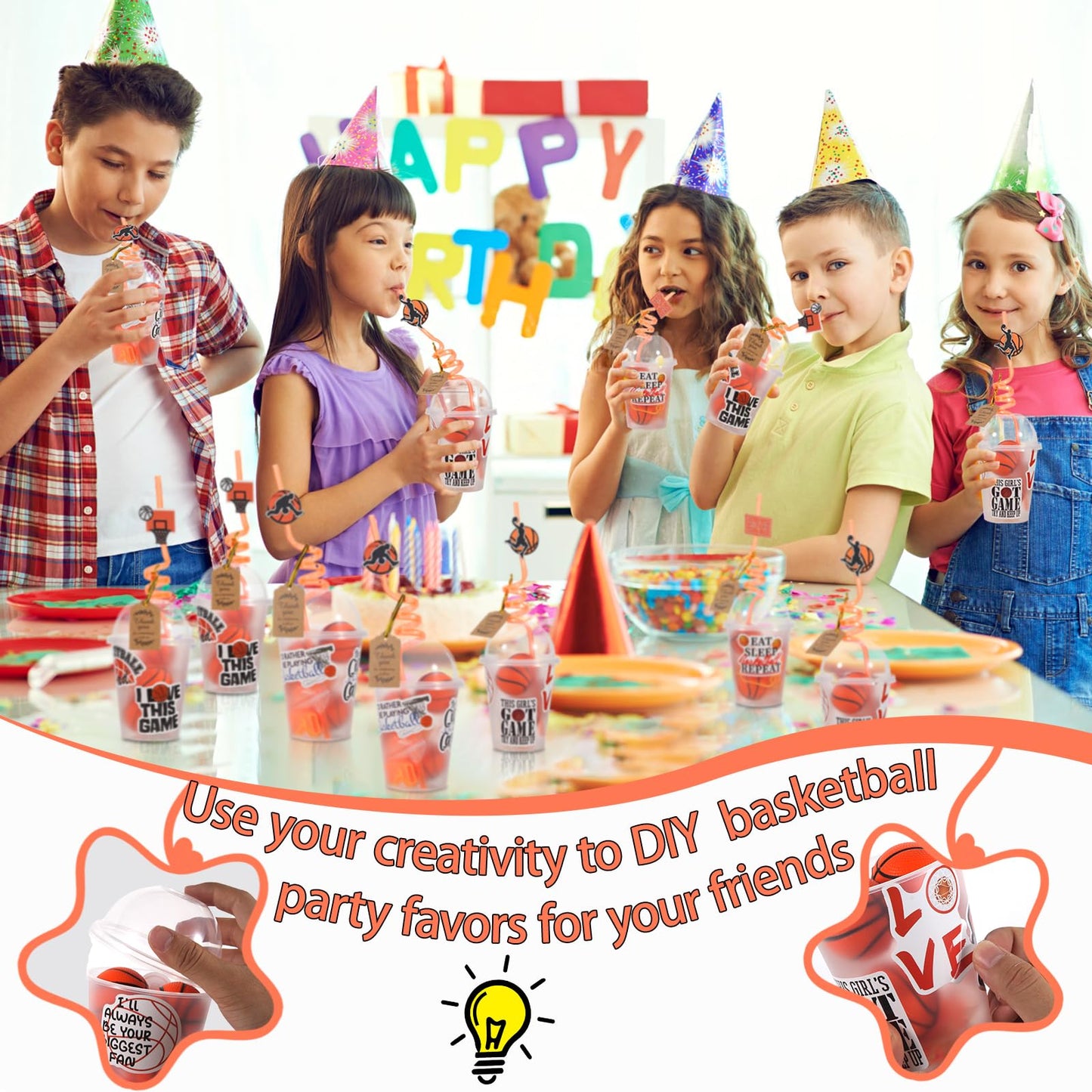 LiYiQ 158 Pcs Basketball Party Favors Basketball Party Supplies with Cup Straw Stress Ball Keychain Sticker Slaps Bracelets Whis