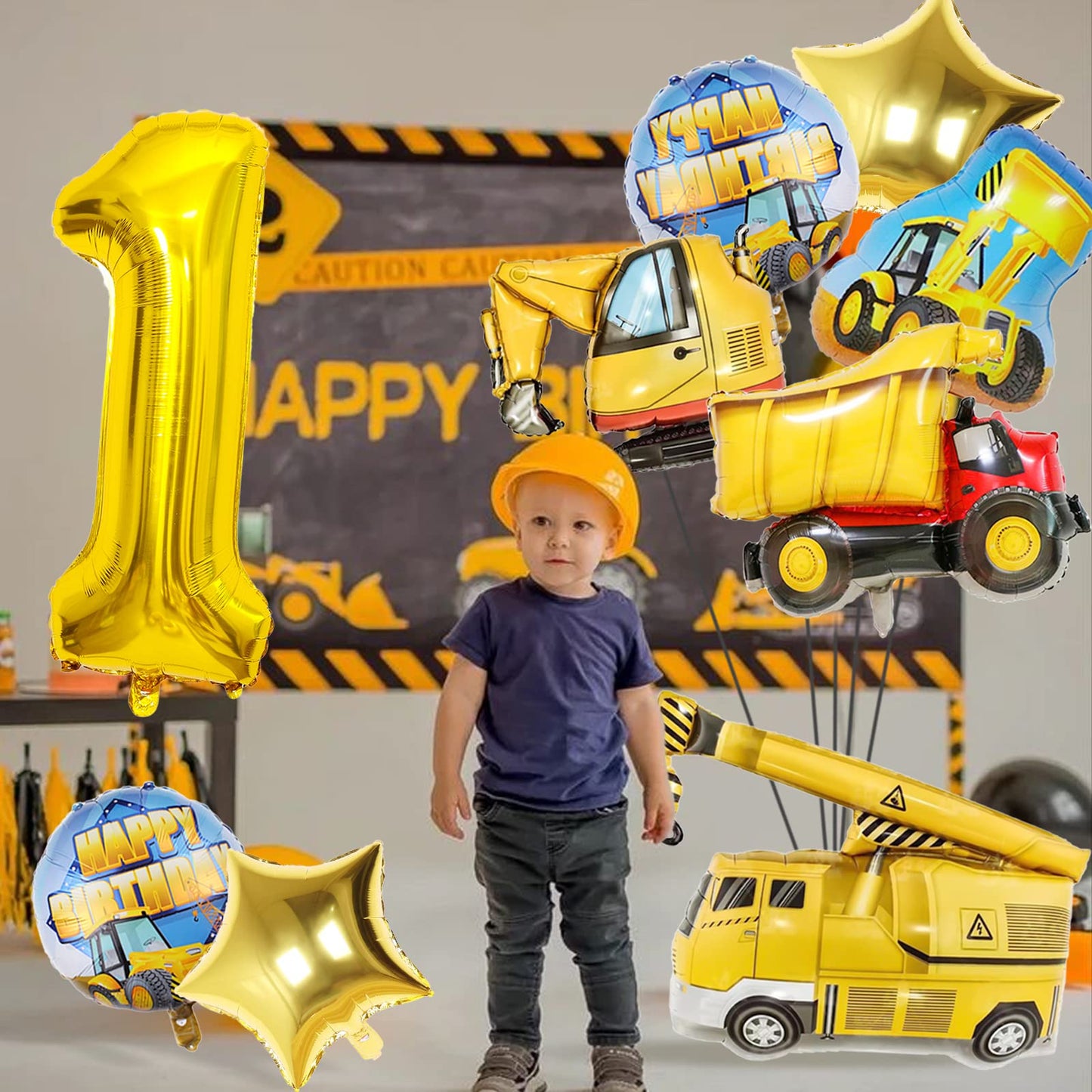 Construction Balloons 1St Birthday, 9Pcs 40 Inch Gold Number 1 Balloons With Large Excavator Dump Truck Crane Bulldozer Foil Myl