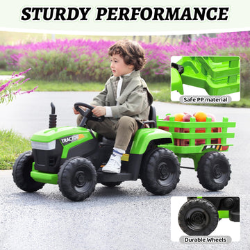 Tobbi 12V Battery-Powered Toy Tractor With Trailer And 35W Dual Motors,3-Gear-Shift Ground Loader Ride On With Led Lights And Usb Audio Functions, Green
