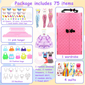 Bnuzeiyi 75Pcs Doll Clothes And Accessories With Doll Closet For 11.5 Inch Doll - Fashion Design Doll Set Including Wedding Dress Fashion Dresses Outfits Tops And Pants Hangers Bags For Girls