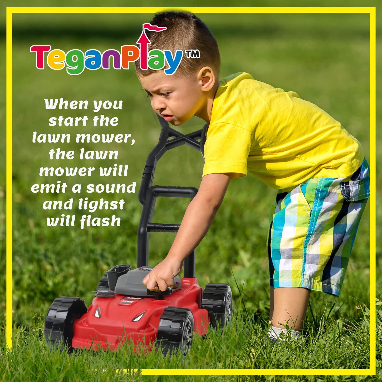 Teganplay Kids Lawn Mower | Toddler Landscaping Gardening Tools And Equipment | Includes Mask Safety Goggles And Earmuffs