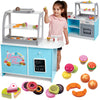 Wooden Bakery Playset Pretend Stand for Kids - 25 Piece Bake Shop Counter w Food, Chalkboard, Cash Register, Trays - Durable Con