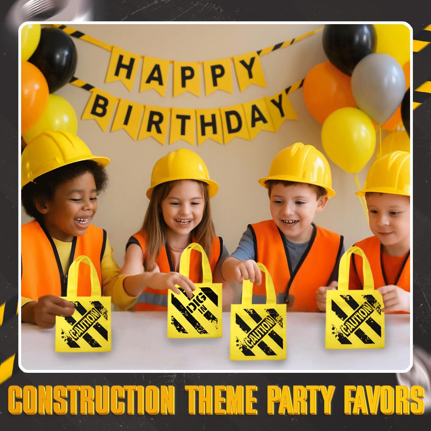 Bedwina Construction Themed Party Supplies - (24 Pack) Construction Party Favors Hat & Mini Tote Bag Supplies - (12) Yellow Cons