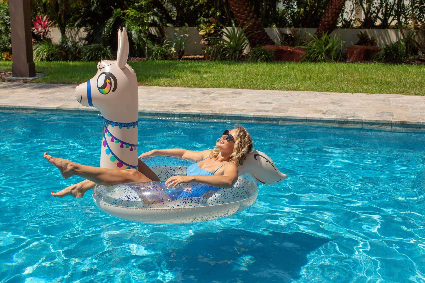 PoolCandy Inflatable Animal Pool Tubes & Swim Rings (Llama Glitter Filled 48 inch Pool Tube Swim Ring)