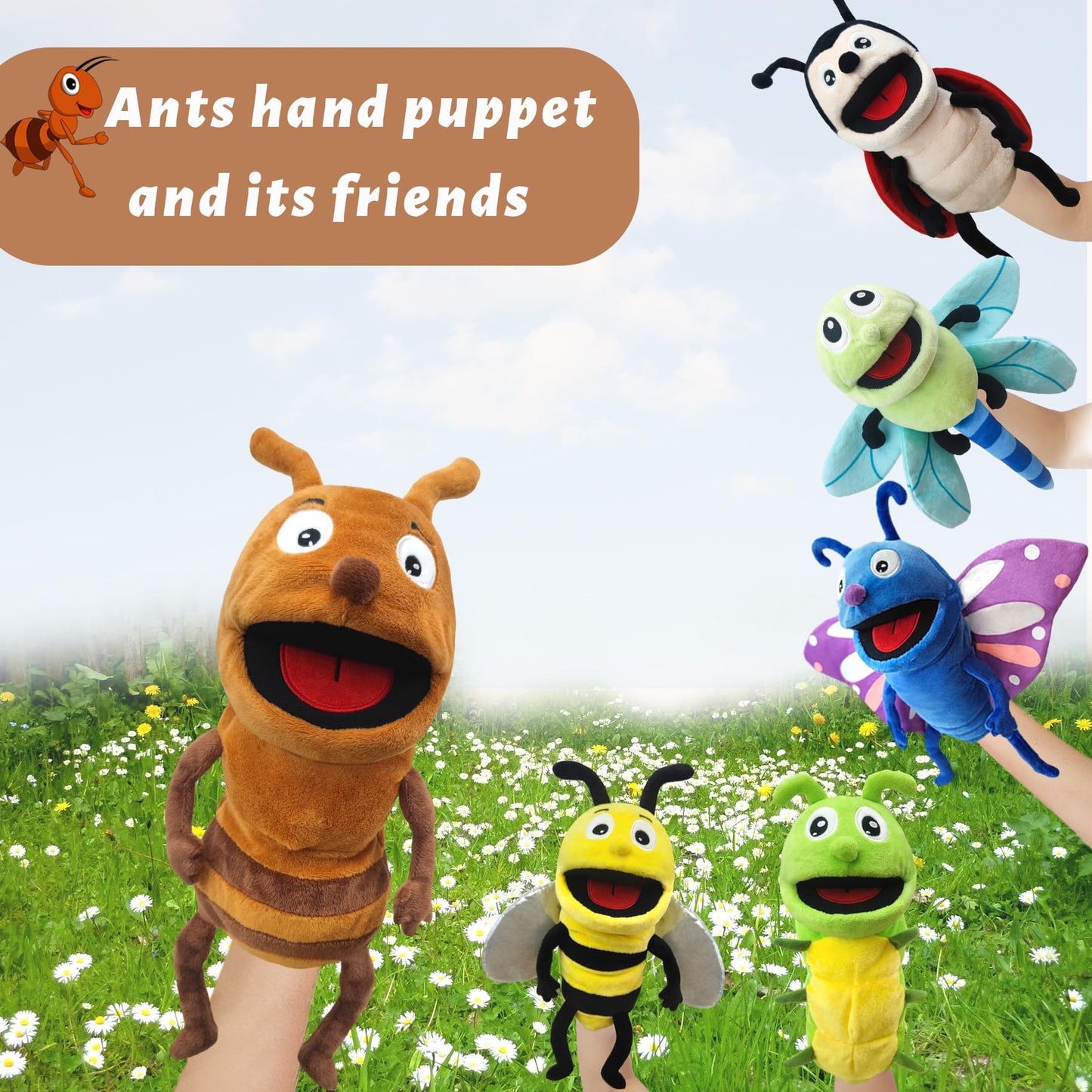 Justqunseen Hand Puppet Realistic Plush 13'' Insect Animal Puppet For Kids With Moveable Mouth, Soft Stuffed Story Toy For Role