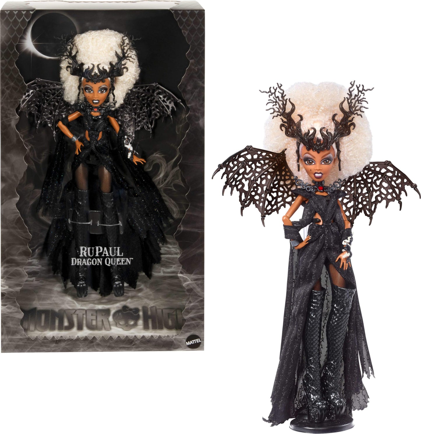 Monster High Rupaul Doll, Dragon Queen Collectible With Glimmering Black Gown, Knee-High Boots, Wings And Premium Packaging
