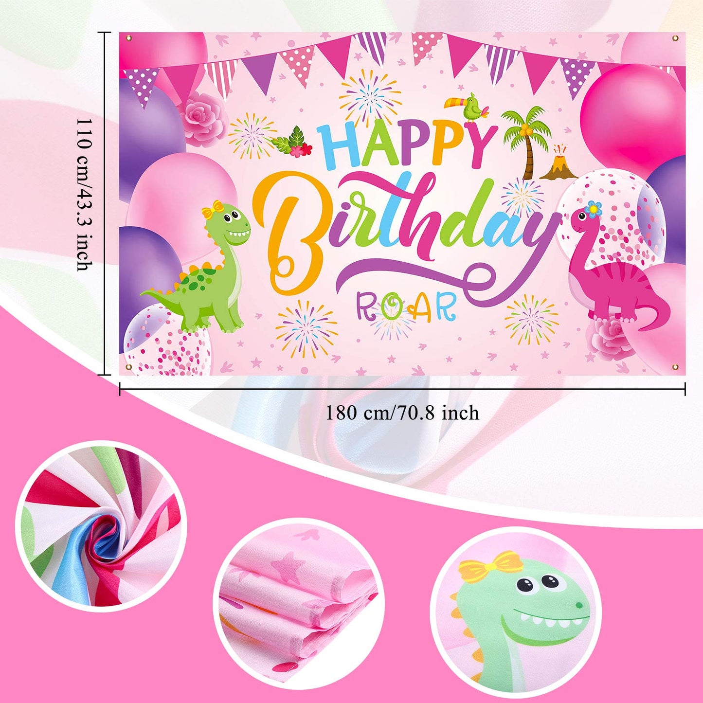 Sumind Dinosaur Happy Birthday Backdrop, Dinosaur Party Background Boy/Girl Gaming Banner For Decoration, Baby Showers And Photo Prop (Pink)