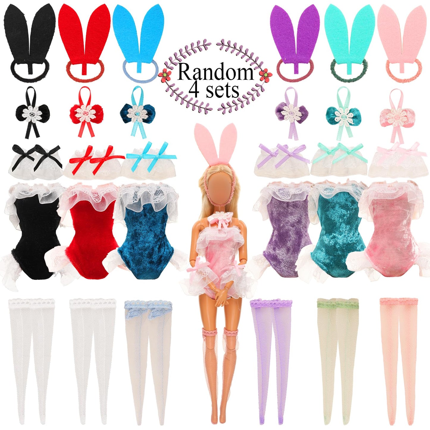Barwa 4 Set Doll Clothes Bunny Costume Outfits Party Clothes For 11.5 Inch Doll Including Bunny Clothes, Headwear, Lace Sock, Ga