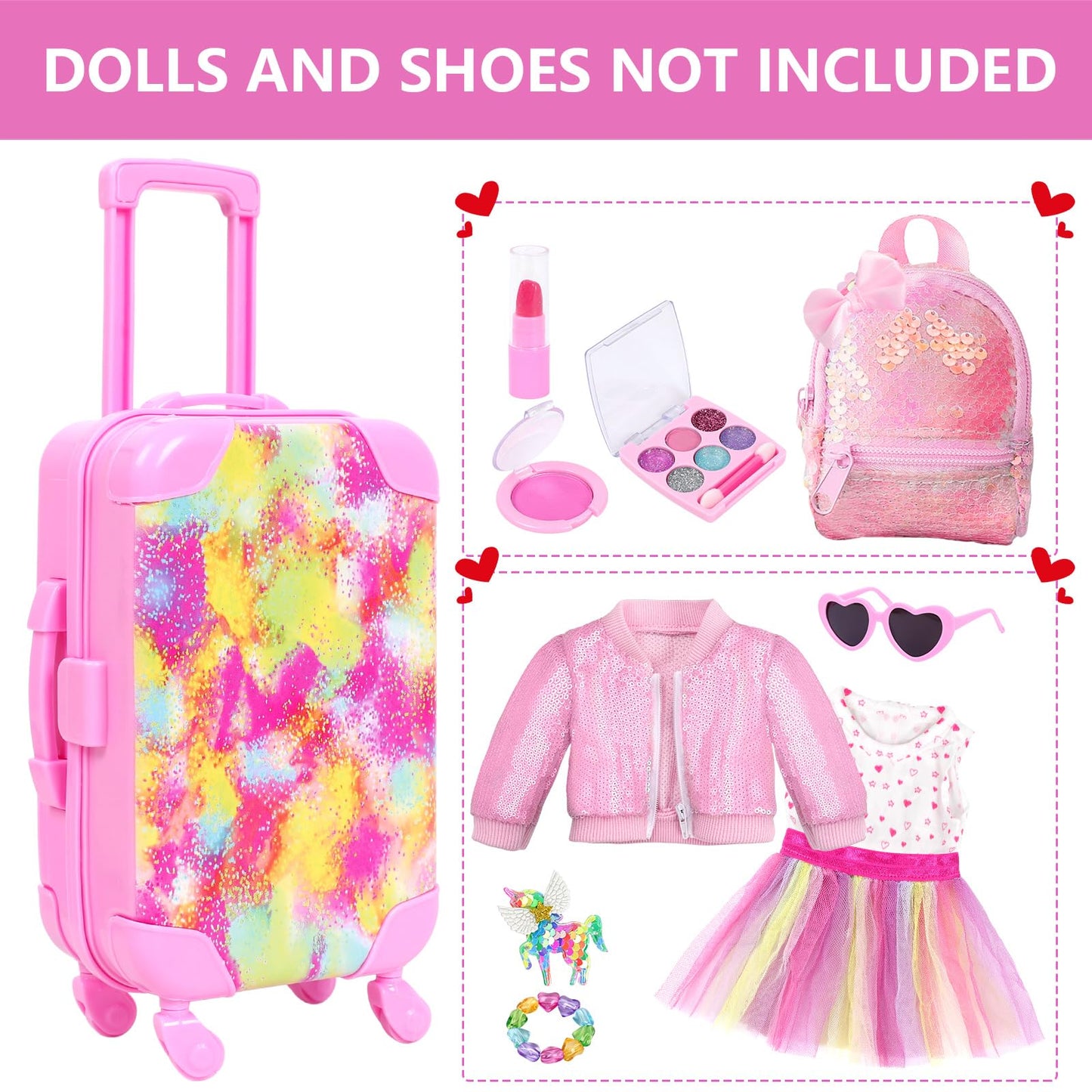 Bddoll American 18 Inch Doll Clothes And Accessories With Travel Suitcase And Makeup Fit 18 Inch Doll Includes Suitcase, Backpack, Sunglasses Lipstick, Eyeshadow Palette, Bracelet, Hair, Blusher