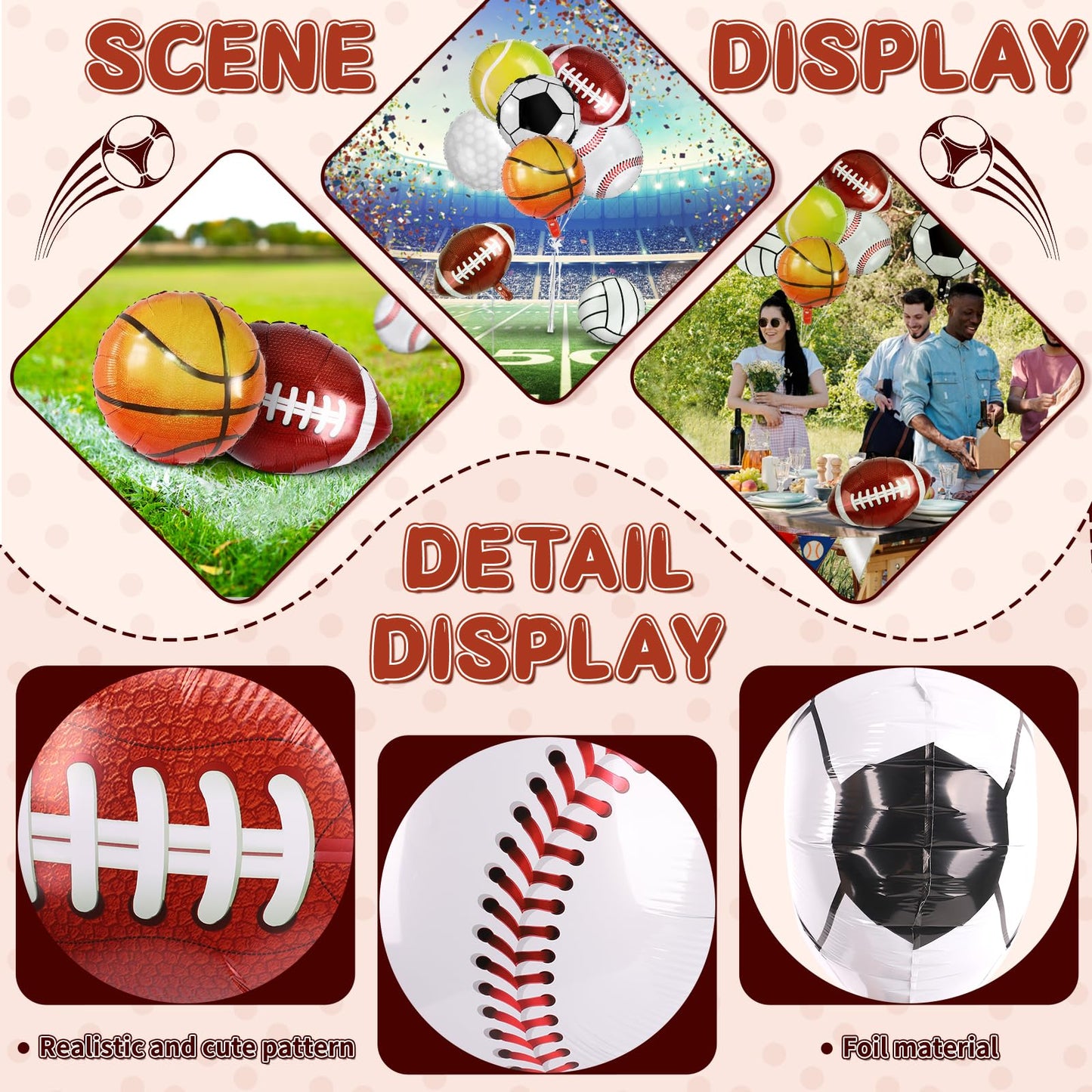 28 Pieces Sports Foil Balloon Set, Mylar Sports Balloons - 18 Inch Baseball Balloons Basketball Balloons Soccer Balloons Volleyb
