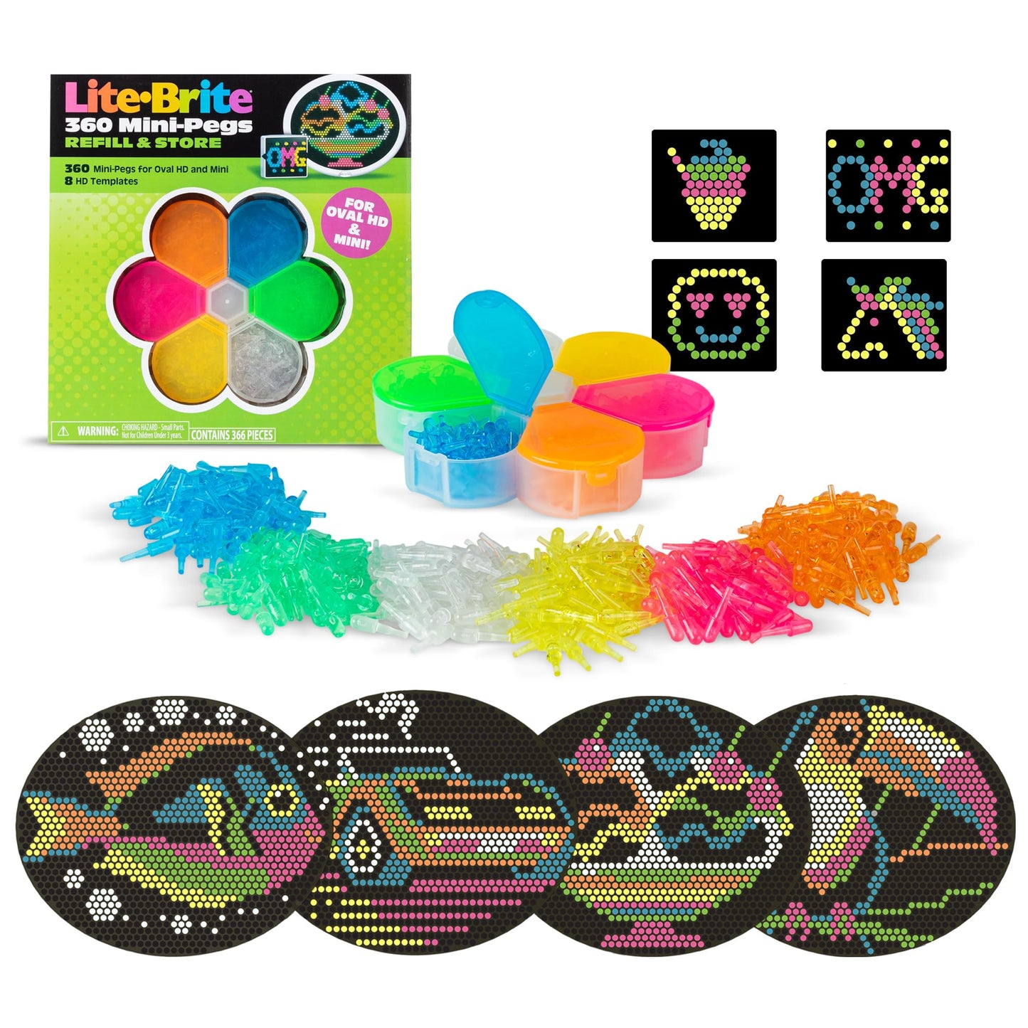 Lite Brite Hd Template And Peg Refill Set Plus Storage, 360 Mini-Pegs And 8 Templates