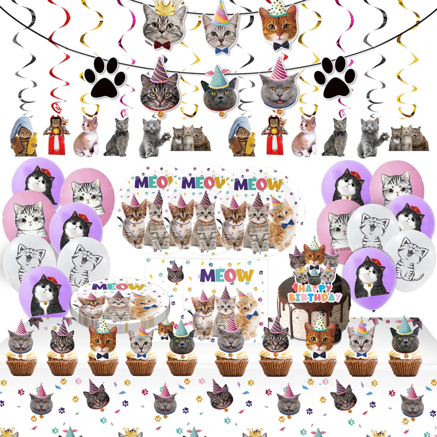 Juhap 96Pcs Cat Birthday Party Supplies, Kitten Birthday Decorations Includes Plates, Napkins, Table Covers, Cake Toppers, Ballo