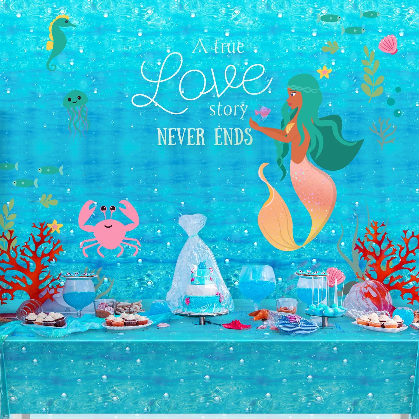Tiamon 6 Pcs Underwater Bubbles Table Cover Ocean Waves Tablecloth Bubble Water Print Plastic Table Cover For Under The Ocean Be
