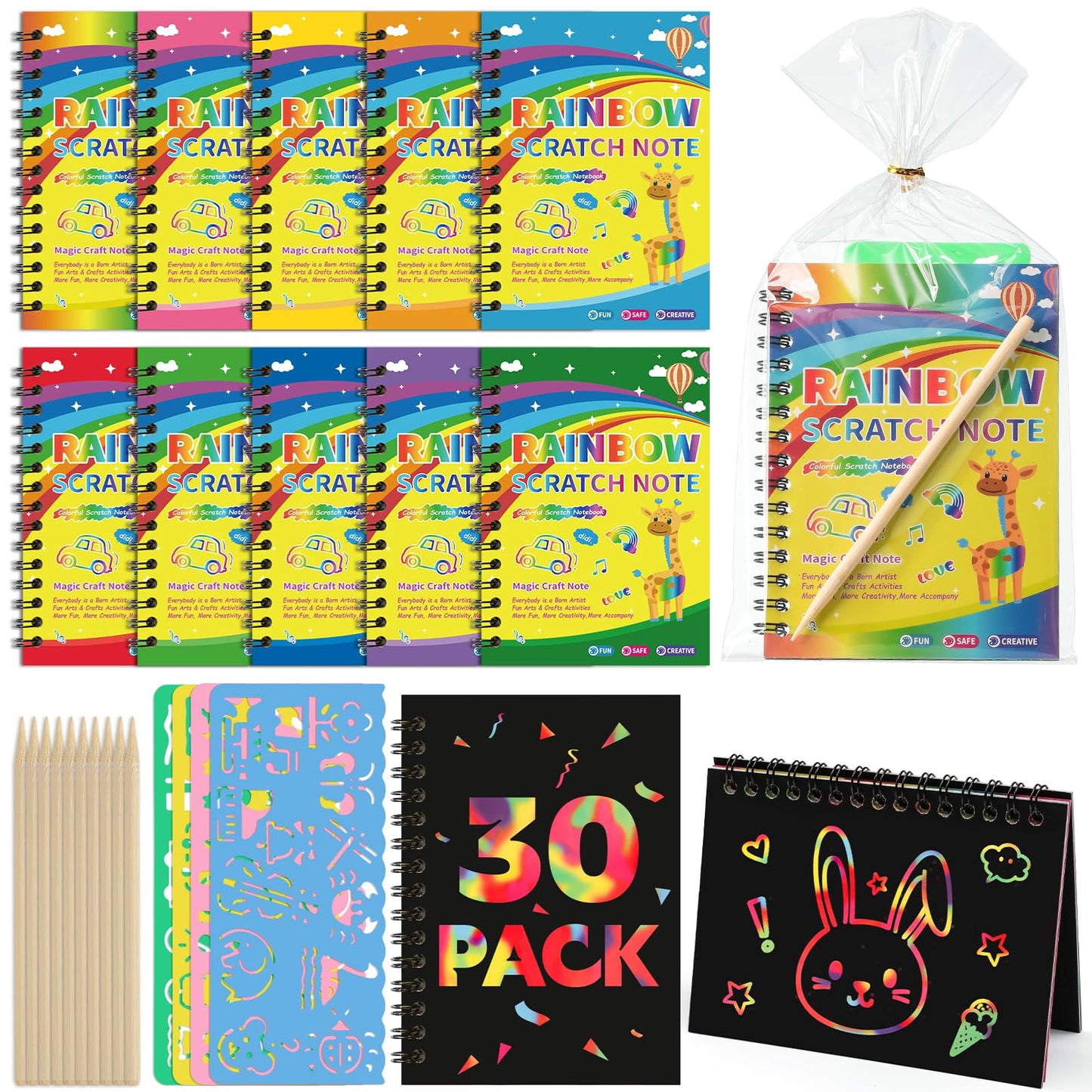 Prudiut Scratch Art, 30 Pack Rainbow Scratch Notebook for Birthday Party Favors,Valentines day Gifts for Kids Classroom, Return