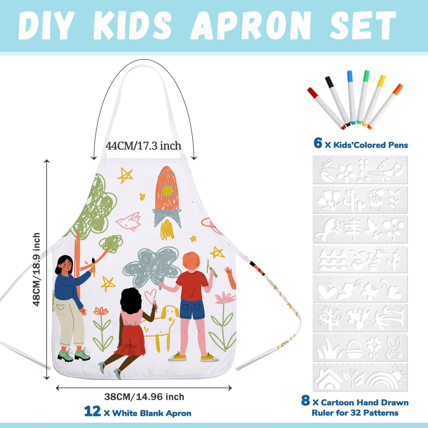 Pllieay 26 Pcs Diy Kid Aprons Toddler Painting Apron With Colored Pen And Stencils For Crafts White Aprons For Diy Craft