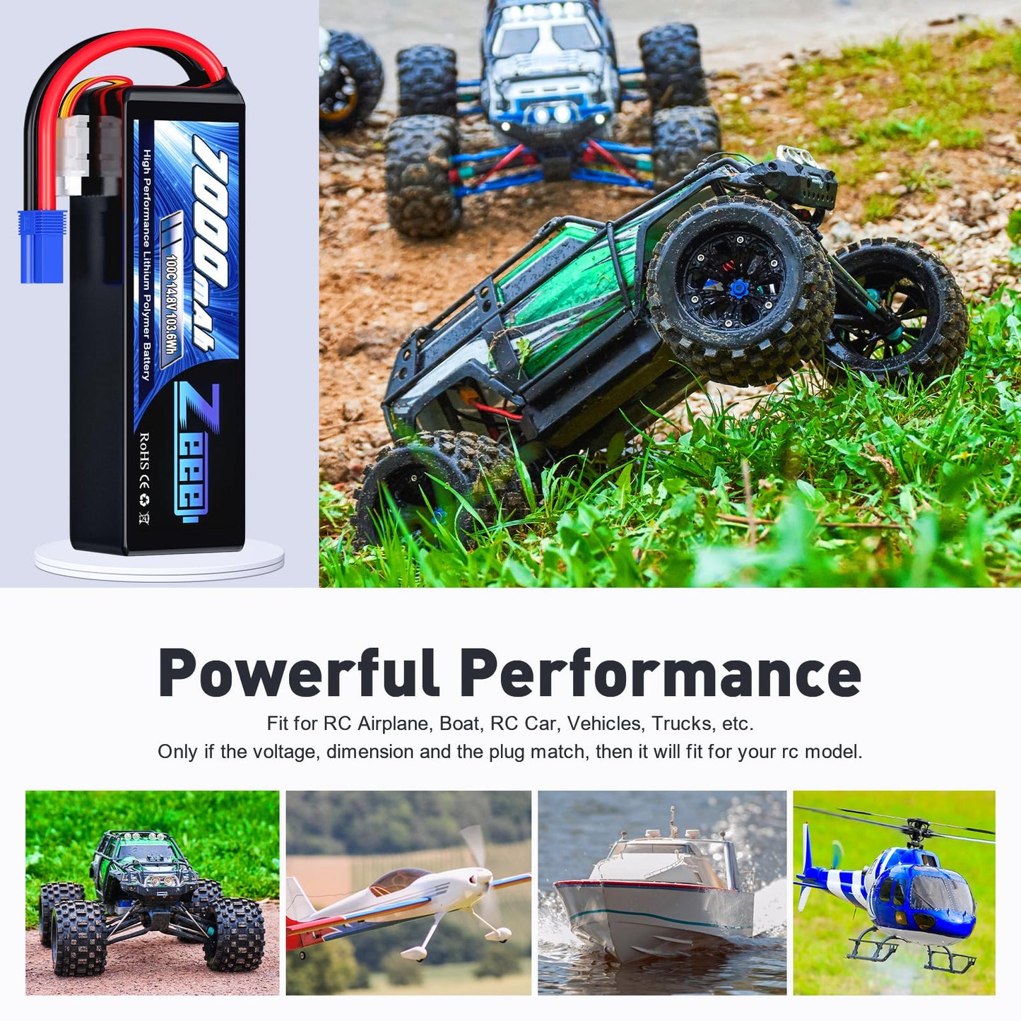 Zeee 4S Lipo Battery 7000mAh 14.8V 100C Soft Pack RC Battery EC5 Connector with Metal Plates for RC Car RC Truck RC Tank Racing