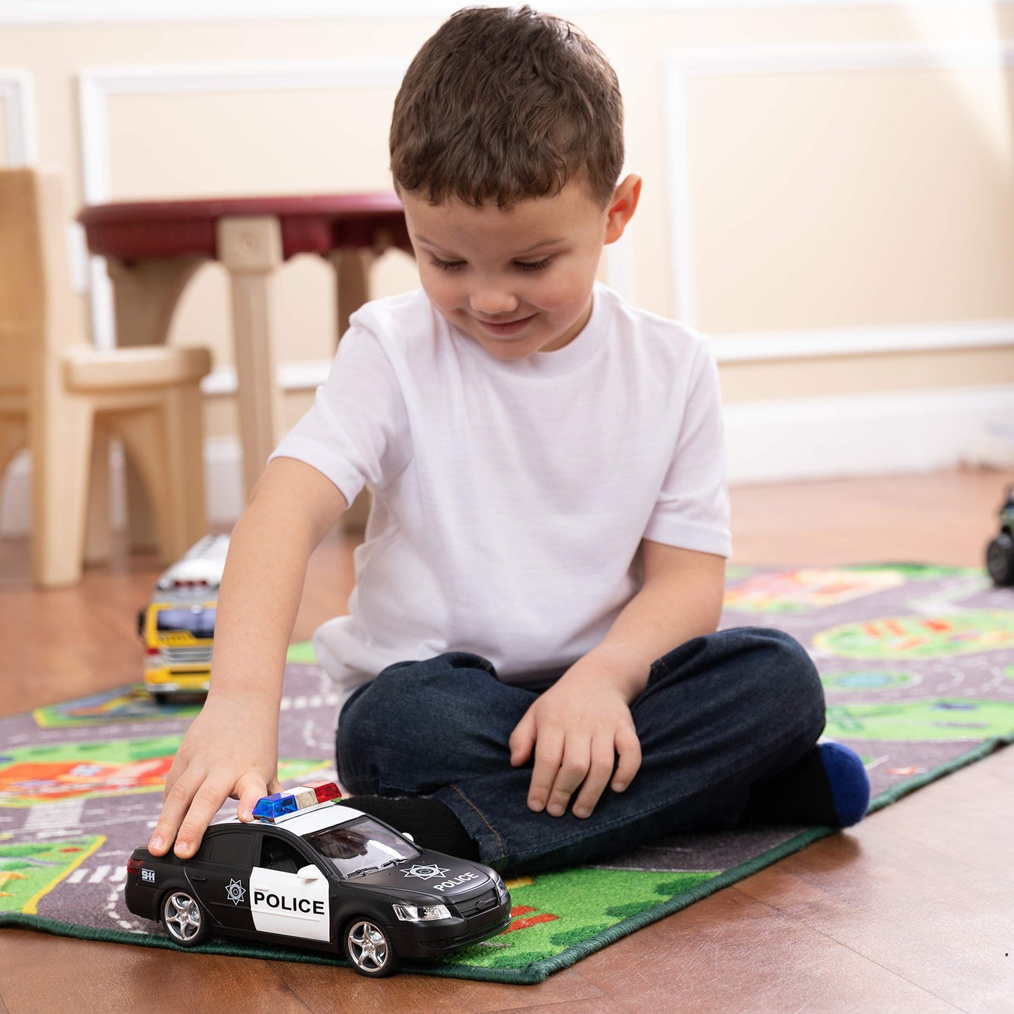 Toy To Enjoy Friction Powered Police Car With Light & Sounds - Heavy Duty Plastic Vehicle Toy For Kids & Children - Openable Doo
