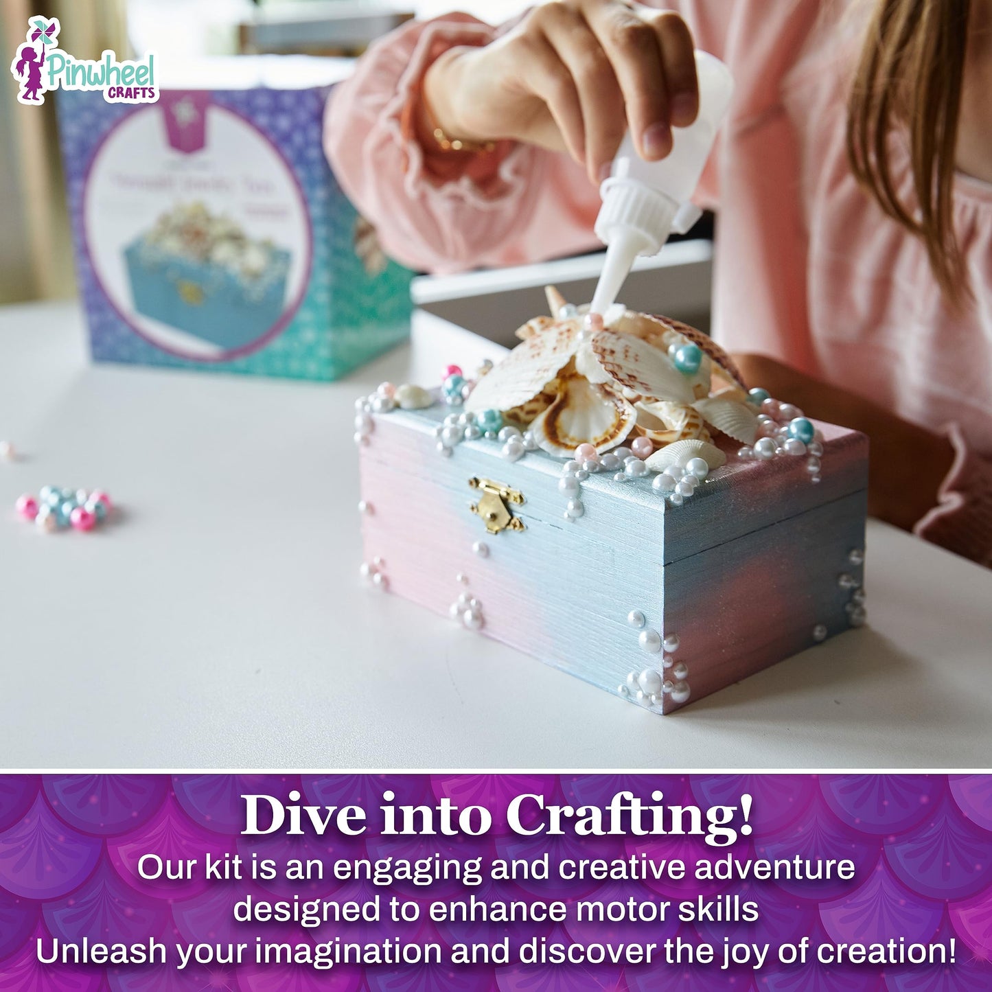 Pinwheel Crafts Mermaid DIY Jewelry Box Kit - 530Pc Craft Set for Girls 6+, 6x4x3 inches, Sparkly Paint, Model PW0012