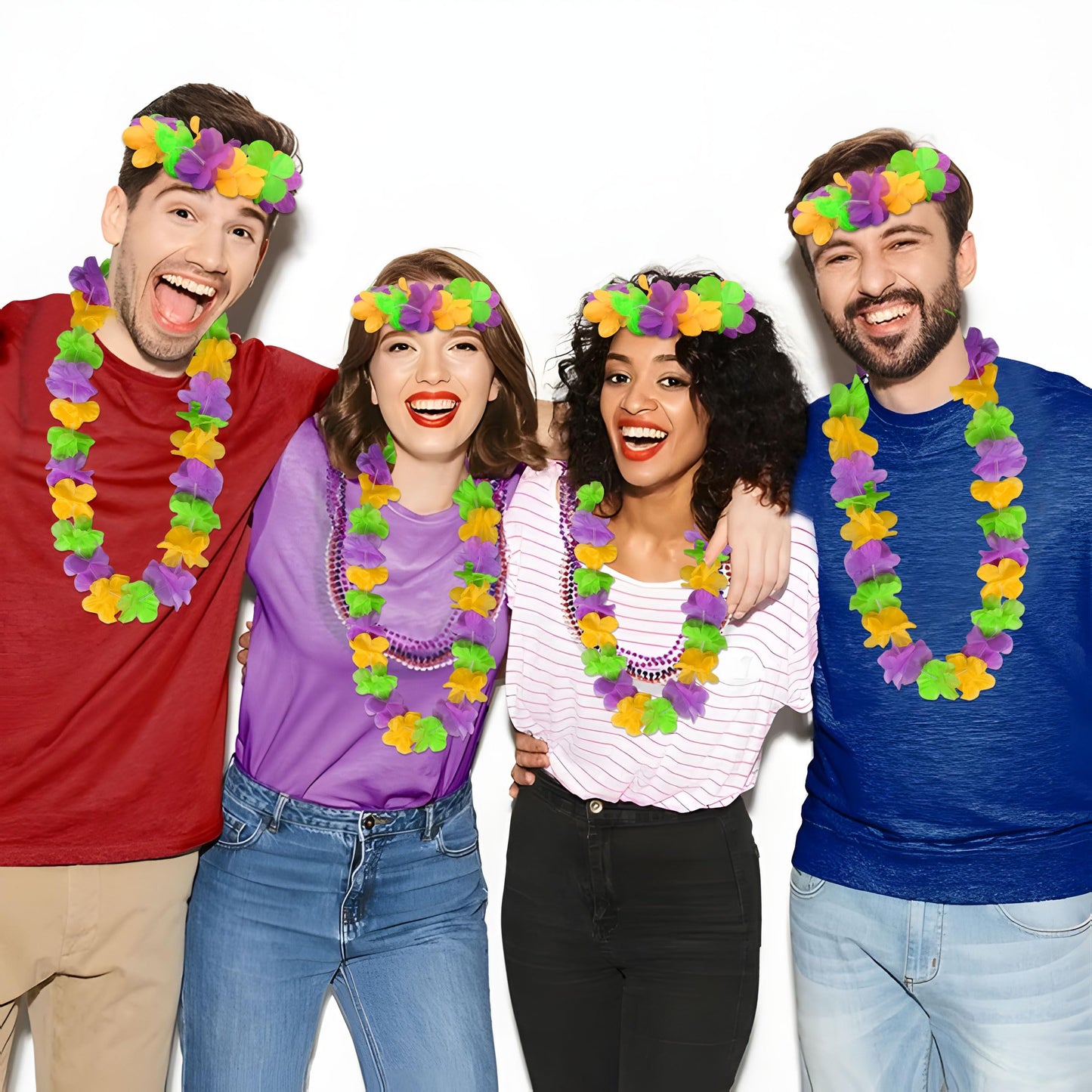 52Pcs Mardi Gras Leis Hawaiian Throws Decorations - Flower Necklaces Headbands Bulk For Parade Party Favors Supplies