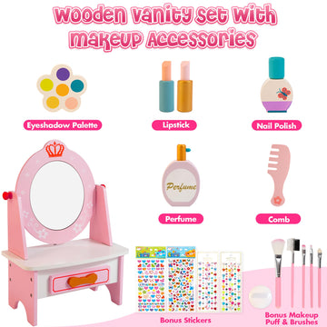 Wooden Vanity Set For Kids, Pretend Play Toddler Makeup Vanity With Acrylic Mirror, Beauty Salon Play Set For Little Girls Age 3