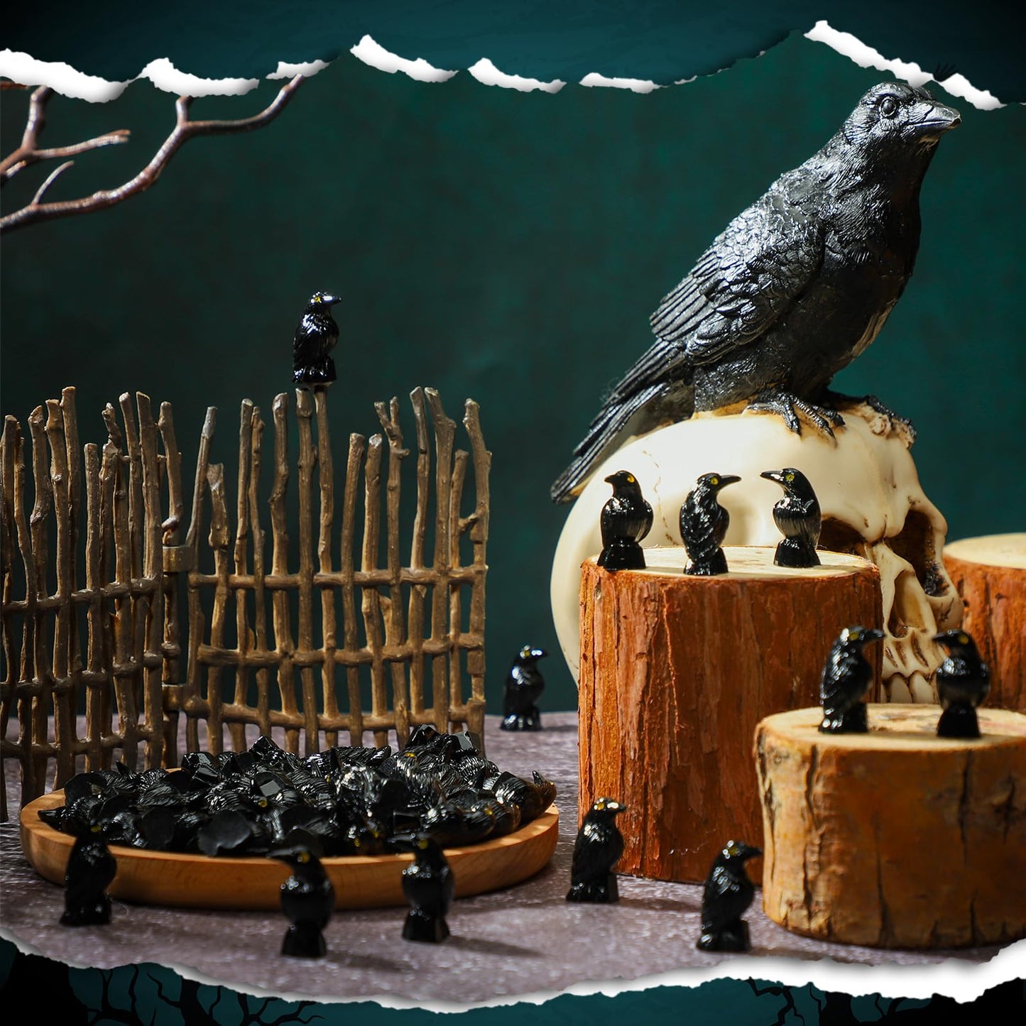 50 Pcs Mini Halloween Figurines Miniature Crows Mini Resin Figures Black Raven Halloween Decor Mini Resin Animals For Mini House