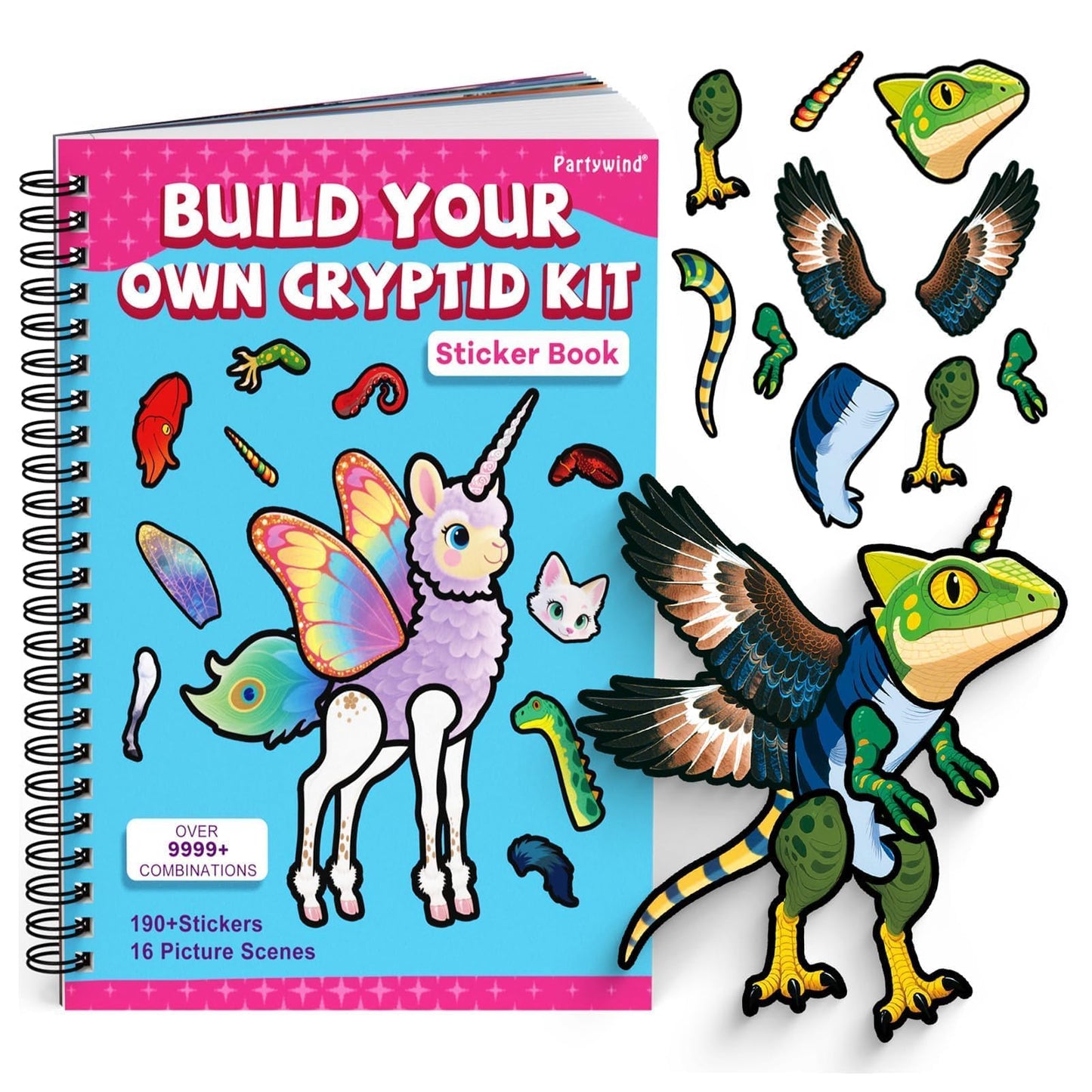 PARTYWIND Sticker Book for Toddlers, Cryptid Animals Sticker Book with 16 Scenes + 11 Sheet Stickers for Boy & Girl, Airplane Tr
