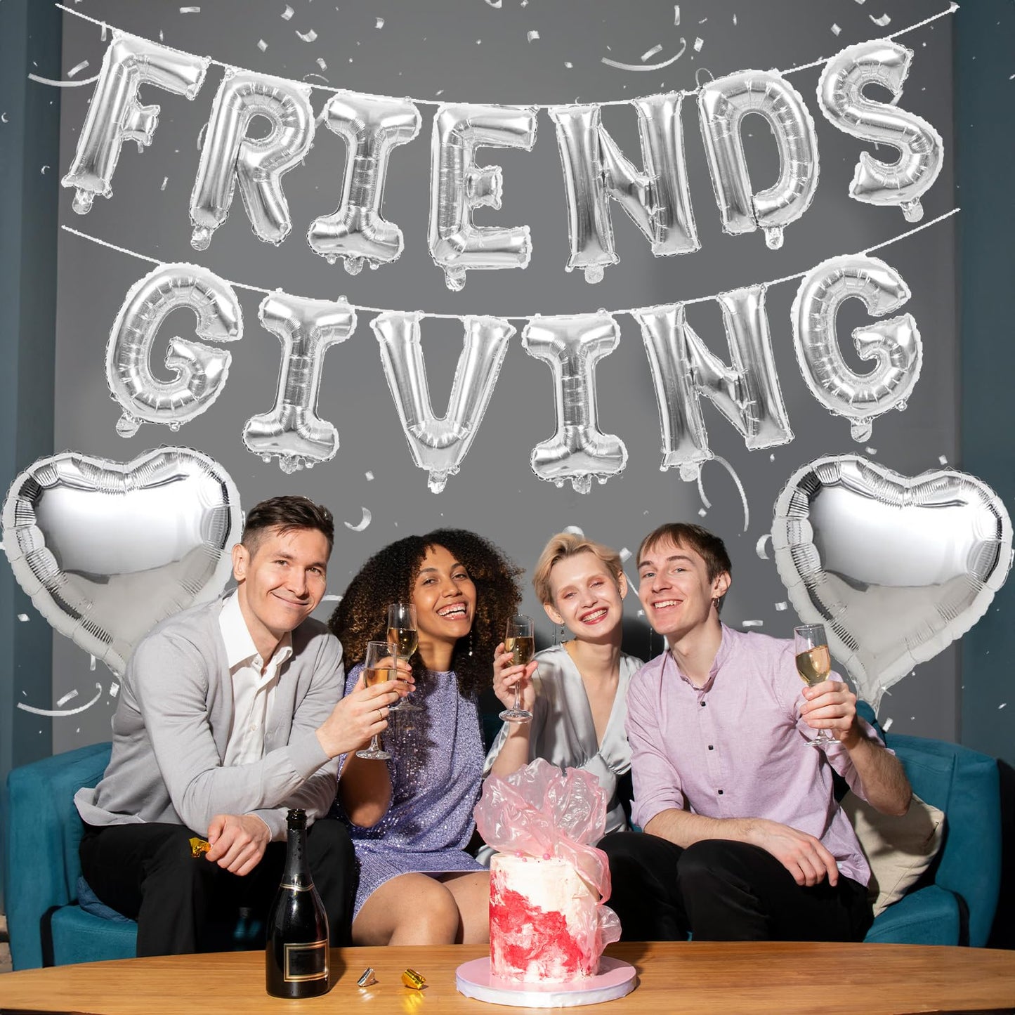 Jobkoo Friendsgiving Balloons Friends Giving Party Decorations 16 Inches Tall Silver Heart Friendsgiving Foil Mylar Balloon Lett