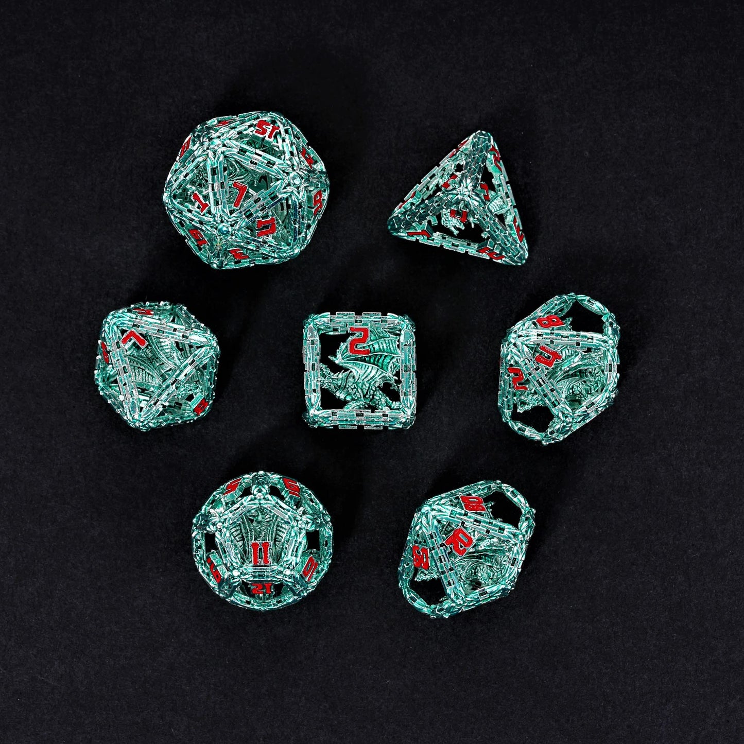 Metal Dice Set for DND and RPG - Imprisoned Dragon Core Design - Beautiful Stunning & Intricate Polyhedral Dice Set for D&D Dung