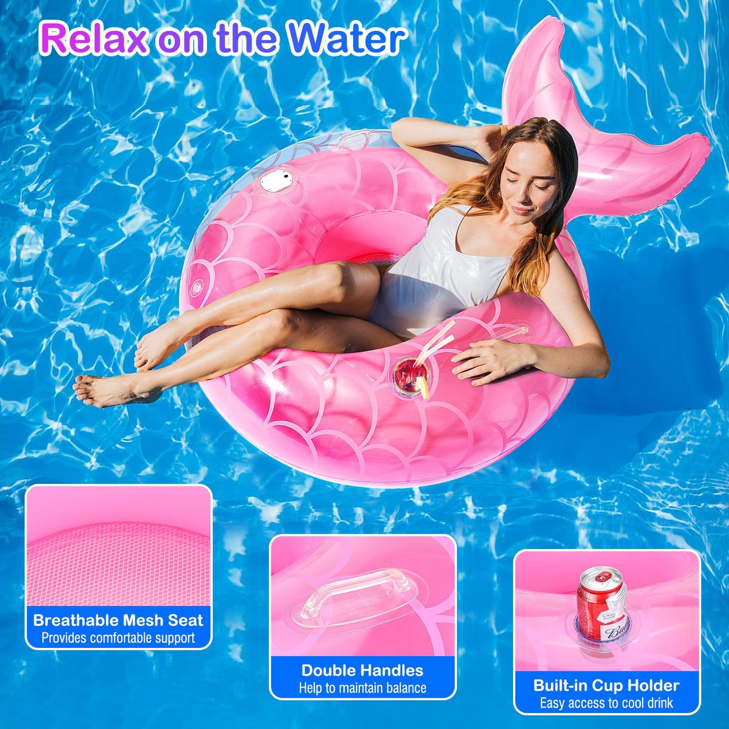 MoKo Pool Floats mature-themed with Lights LED Lighted Pool Toys Tubes 42 Inches Mermaid Tail Pool Floaties with Cup Holder and Handles Inflatable Swimming Pool Lights Floats for Party Beach Lake Pink