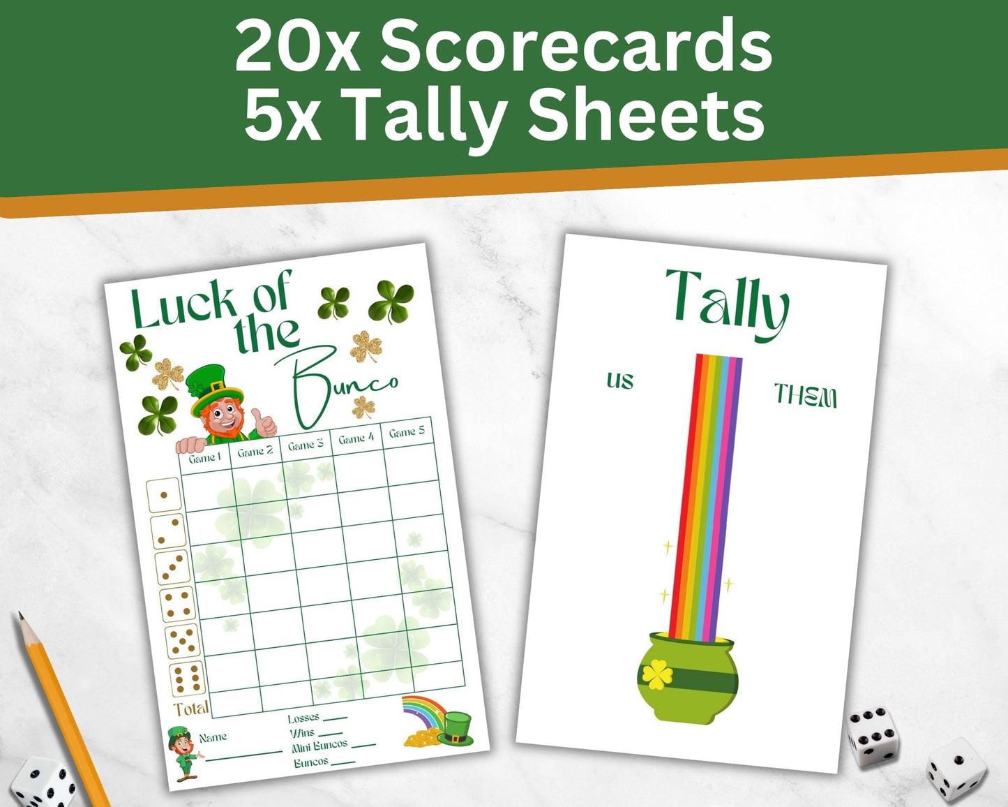 Bunco St. Patricks Day Bunco Theme Set. It'S Bunco Time! Themed Bunco Game Kit Includes Score Sheet, Tally Sheet, Ghost Player,