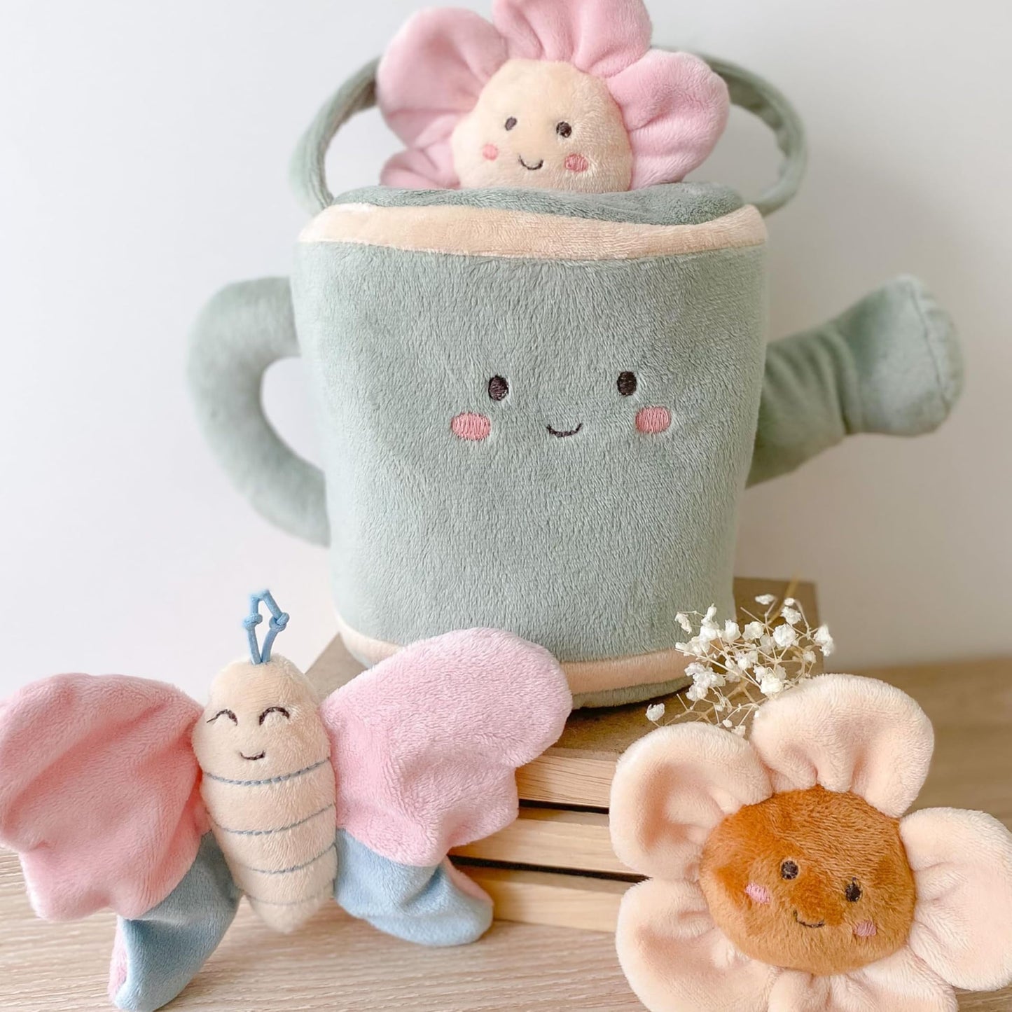 MON AMI Spring Watering Can Play Set with Rattles - 4 Pc Set, Stuffed Plush Gardening Set for Kids with Watering Can, 2 Pcs Flow