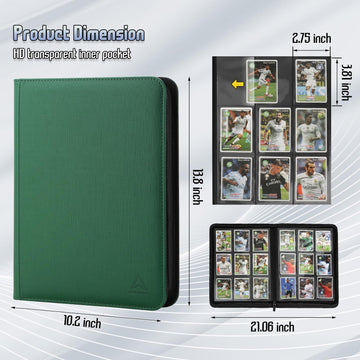 9 Pocket Trading Card Binder 540 Capacity with Zip Closure - enhanced Double Sided PU Leather Card Protector Hold & Organize Cards for TCG MTG Sports Cards (green)