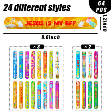 MCPINKY 64PCS Christian Slap Bracelets, Bible Verses Religious Slap Bracelets Snap Wristbands for Kids Sunday School Gifts Class