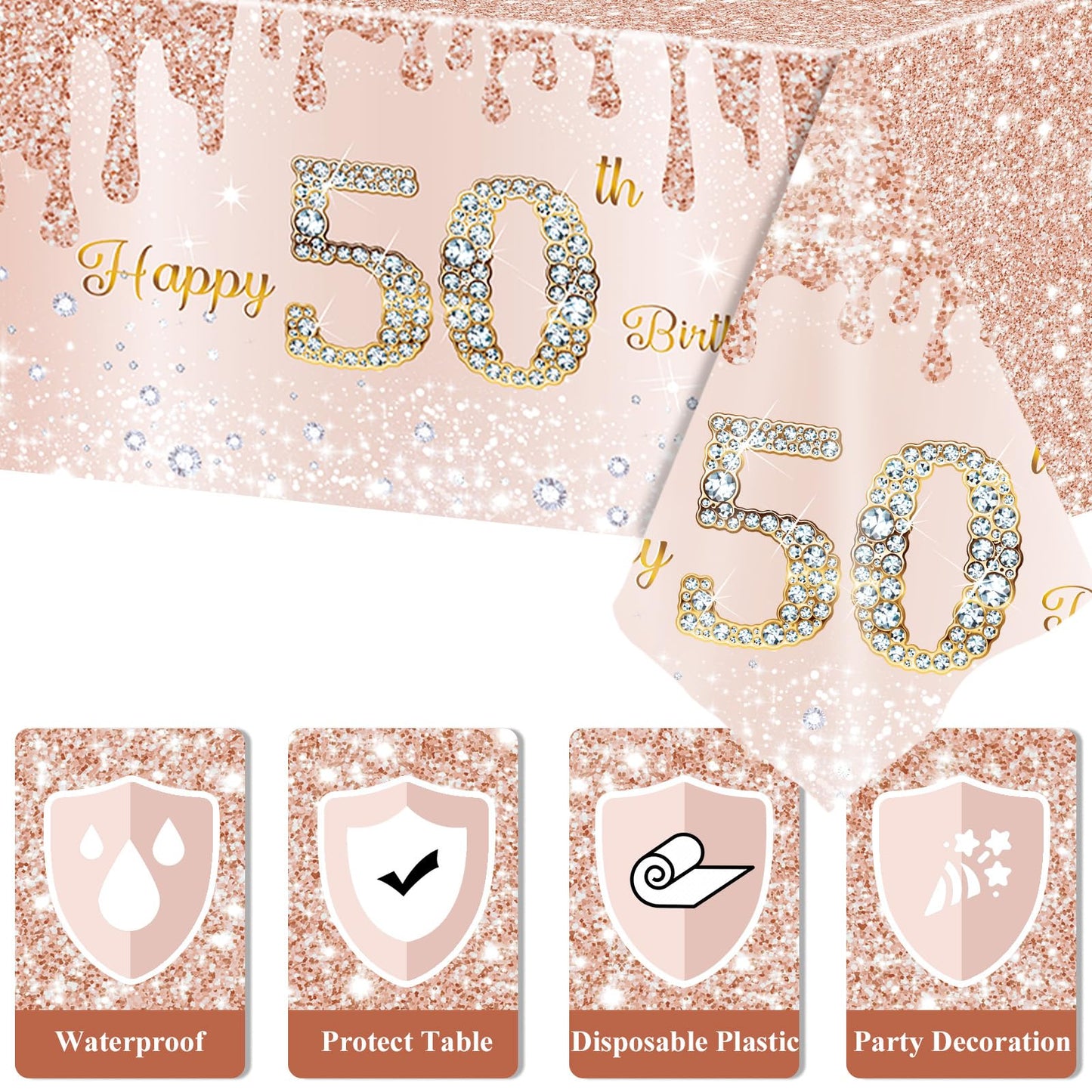 50Th Birthday Tablecloth Decorations Rose Gold 50 Birthday Table Covers Fifty Year Old Birthday Party Tablecloth Supplies For Women 50 Year Old Birthday Plastic Disposable Rectangular Tablecloth Decor
