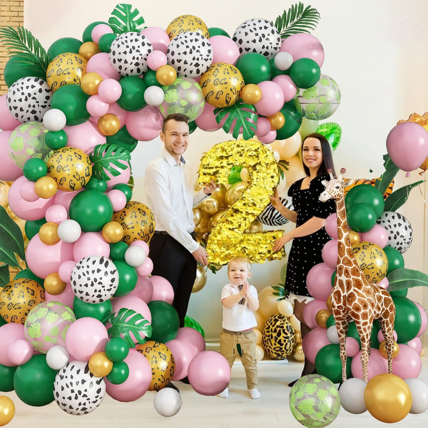 Safari Pink Balloon Garland Kit, Dark Green Pink White Cow Gold Leopard Animal Print Jungle Balloon Arch With Turtle Leaves For